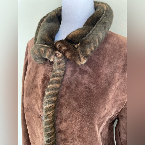 LNR for NORDSTROM SUEDE BUTTON FRONT LEATHER LINED JACKET w FAUX FUR TRIM, SZ PL - Picture 7 of 17